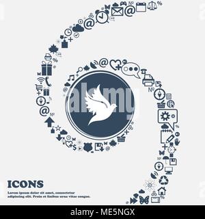 Dove icon sign in the center. Around the many beautiful symbols twisted in a spiral. You can use each separately for your design. Vector illustration Stock Vector