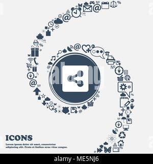 Share icon sign in the center. Around the many beautiful symbols twisted in a spiral. You can use each separately for your design. Vector illustration Stock Vector
