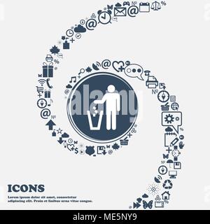 throw away the trash icon sign in the center. Around the many beautiful symbols twisted in a spiral. You can use each separately for your design. Vect Stock Vector