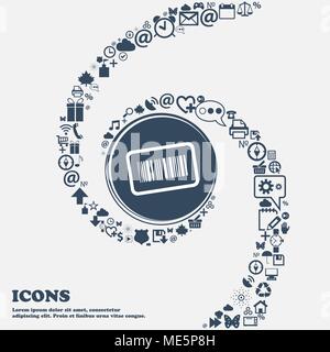 Barcode icon sign in the center. Around the many beautiful symbols twisted in a spiral. You can use each separately for your design. Vector illustrati Stock Vector