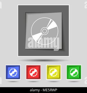Cd, DVD, compact disk, blue ray icon sign on original five colored buttons. Vector illustration Stock Vector