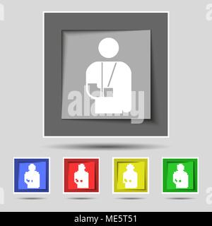 broken arm, disability icon sign on original five colored buttons. Vector illustration Stock Vector