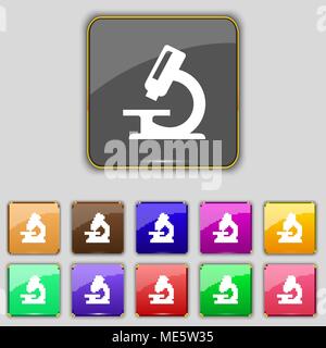microscope icon sign. Set with eleven colored buttons for your site. Vector illustration Stock Vector