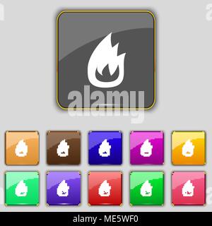 Fire flame icon sign. Set with eleven colored buttons for your site. Vector illustration Stock Vector