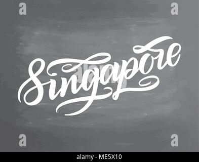 Singapore handlettering. City logo isolated on white. Black label or logotype. Calligraphy in grunge style. Great for t-shirts or poster. Vector illustration with textured chalkboard background. Stock Vector