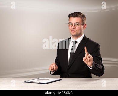 Televison presenter host in live show with blank background Stock Photo