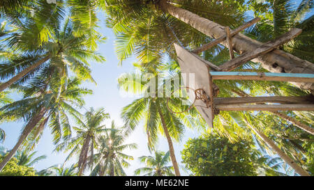 A basketball ring in a Filipino village amidst palm trees. Stock Photo