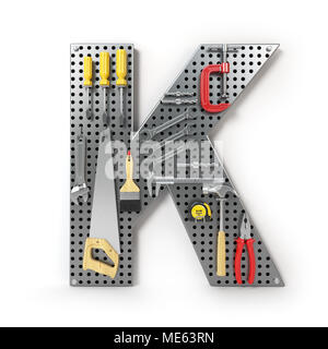 Letter K. Alphabet from the tools on the metal pegboard isolated on white.  3d illustration Stock Photo