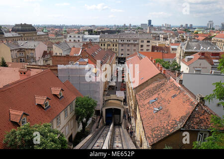 Historic lower town architecture rooftops and funicular connecting the Ilica Street with Strossmayer Promenade, Zagreb Croatia Stock Photo