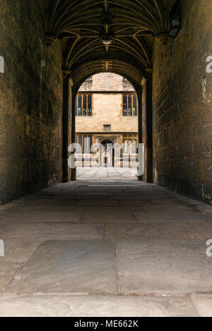 The long corridor of the Christ Church College in Oxford in the early morning Stock Photo