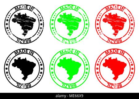Made in Brazil - rubber stamp - vector, Brazil map pattern - black, green and red Stock Vector