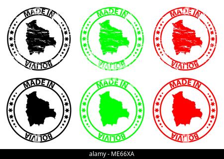 Made in Bolivia  - rubber stamp - vector, Bolivia  map pattern - black, green and red Stock Vector