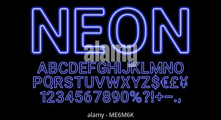 Neon font in blue color. Vector collection of latin neon letters, neon alphabet consisting of outlines on the dark background Stock Vector