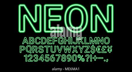 Neon font in green color. Vector collection of latin neon letters, neon alphabet consisting of outlines on the dark background Stock Vector