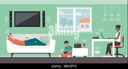 Electromagnetic fields in the home and sources: people living in their house and EMFs emitted by appliances and wireless devices Stock Vector