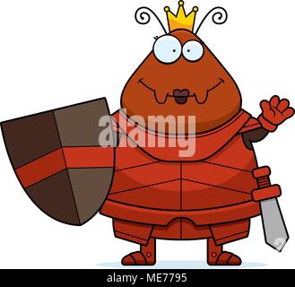 A cartoon illustration of an ant queen in armor waving. Stock Vector