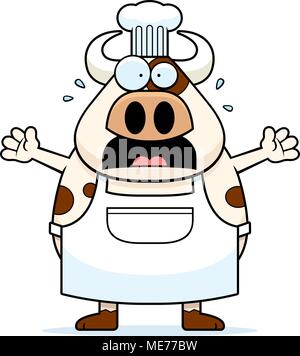 A cartoon illustration of a cow chef looking scared. Stock Vector