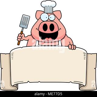 A cartoon illustration of a pig chef holding a banner. Stock Vector