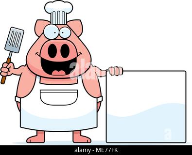 A cartoon illustration of a pig chef with a sign. Stock Vector