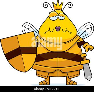 A cartoon illustration of a bee queen in armor looking sad. Stock Vector