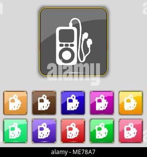 MP3 player, headphones, music icon sign. Set with eleven colored buttons for your site. Vector illustration Stock Vector
