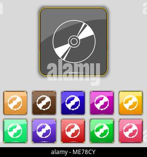 Cd, DVD, compact disk, blue ray icon sign. Set with eleven colored buttons for your site. Vector illustration Stock Vector