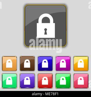 closed lock icon sign. Set with eleven colored buttons for your site. Vector illustration Stock Vector