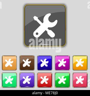 screwdriver, key, settings icon sign. Set with eleven colored buttons for your site. Vector illustration Stock Vector