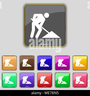 repair of road, construction work icon sign. Set with eleven colored buttons for your site. Vector illustration Stock Vector