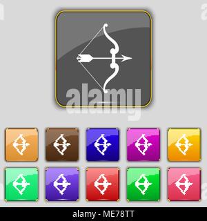 bow and arrow icon sign. Set with eleven colored buttons for your site. Vector illustration Stock Vector
