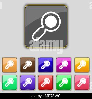 magnifying glass, zoom icon sign. Set with eleven colored buttons for your site. Vector illustration Stock Vector