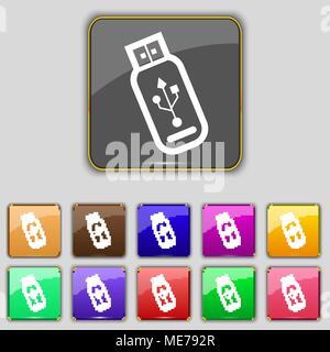 Usb flash drive icon sign. Set with eleven colored buttons for your site. Vector illustration Stock Vector