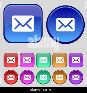 Mail, envelope, letter icon sign. A set of twelve vintage buttons for your design. Vector illustration Stock Vector