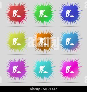 repair of road, construction work icon sign. A set of nine original needle buttons. Vector illustration Stock Vector