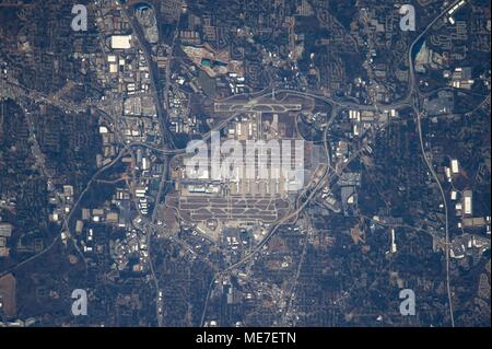 A satellite view of the Hartsfield-Jackson Airport in Atlanta, Georgia as seen from the NASA International Space Station January 28, 2017 in Earth orbit.    (photo by NASA via Planetpix) Stock Photo