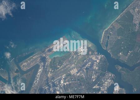 A satellite view of the Honolulu International Airport in Honolulu, Oahu, Hawaii as seen from the NASA International Space Station November 12, 2017 in Earth orbit.    (photo by NASA via Planetpix) Stock Photo