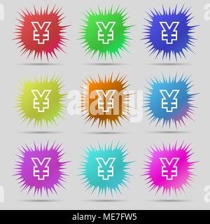 Yen JPY icon sign. A set of nine original needle buttons. Vector illustration Stock Vector