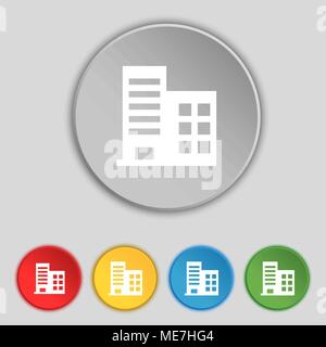 high-rise commercial buildings and residential apartments icon sign. Symbol on five flat buttons. Vector illustration Stock Vector