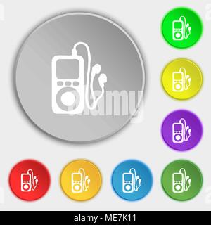 MP3 player, headphones, music icon sign. Symbol on five flat buttons. Vector illustration Stock Vector