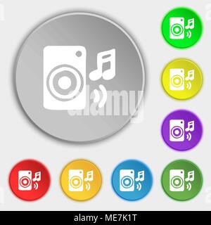 music column, disco, music, melody, speaker icon sign. Symbol on five flat buttons. Vector illustration Stock Vector
