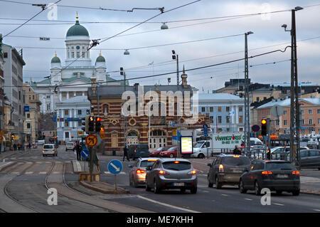 General view of the Helsinki city, market, and the Senaatintori Lutheran Cathedral from the Eteläranta street. Stock Photo