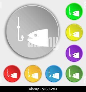 Fishing icon sign. Symbol on five flat buttons. Vector illustration Stock Vector