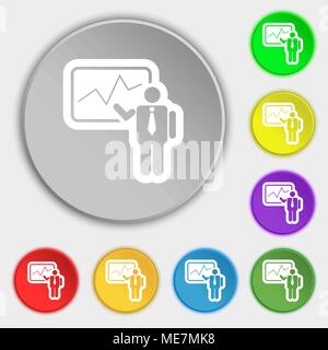 businessman making report icon sign. Symbol on eight flat buttons. Vector illustration Stock Vector