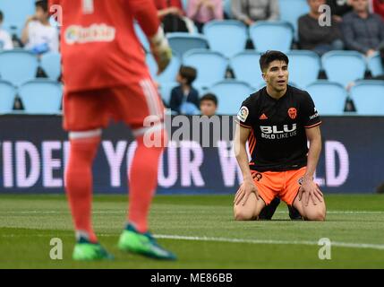 Viigo (Spain). Spanish first league football match Celta de Vigo vs Valencia. Valencia's Carlos Soler gestures during the Celta vs Valencia football match at the Balaidos stadium in Vigo, on April 21, 2018. Â©  Rodriguez Alen  Cordon Press Stock Photo