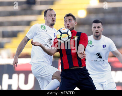 BUDAPEST, HUNGARY - JUNE 20: (r-l) Isael da Silva Barbosa of Ferencvarosi TC  challenges Dzenan Burekovic of Ujpest FC during the Hungarian OTP Bank Liga  match between Ferencvarosi TC and Ujpest FC