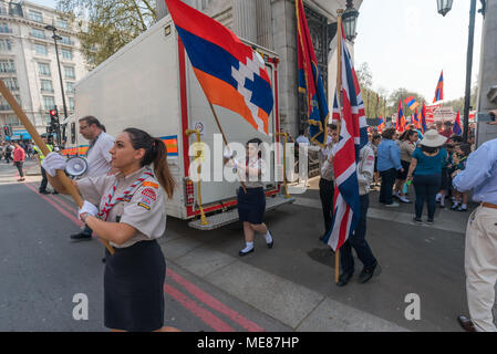 London, UK. 21st April 2018. Armenian Scouts set off leading the Armenian march through London from Marble Arch to the Cenotaph at the start of a series of events commemorating the 103rd anniversary of the beginning of the Armenian Genocide. They demand the UK follow the lead of many other countries and recognise the Armenian genocide. Between 1915 and 1923 Turkey killed 1.5m Armenians, around 70% of the Armenian population, but Turkey still refuses to accept these mass killings as genocide. Credit: Peter Marshall/Alamy Live News Stock Photo