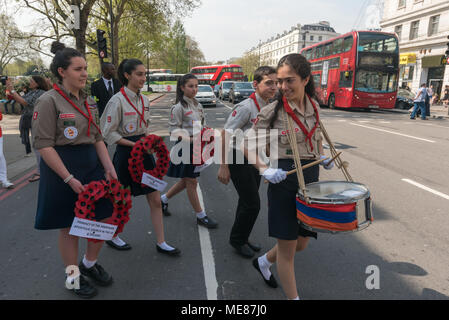 London, UK. 21st April 2018. Armenian Scouts set off with a drummer and carrying wreaths leading the Armenian march through London from Marble Arch to the Cenotaph at the start of a series of events commemorating the 103rd anniversary of the beginning of the Armenian Genocide. They demand the UK follow the lead of many other countries and recognise the Armenian genocide. Between 1915 and 1923 Turkey killed 1.5m Armenians, around 70% of the Armenian population, but Turkey still refuses to accept these mass killings as genocide. Credit: Peter Marshall/Alamy Live News Stock Photo