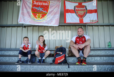Weston-super-Mare, UK. 21st April, 2018.    Travelling Arsenal Fans ahead of the WSL match between Yeovil Town Ladies FC and Arsenal Women at The Woodspring Stadium. © David Partridge / Alamy Live News Stock Photo