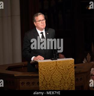 Jeb Bush speaks at the funeral service at St. Martin's Episcopal Church for his mother, former First Lady Barbara Bush. Stock Photo