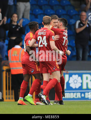 Halifax, UK. 21st April, 2018.  National League, Halifax Town v Tranmere Rovers; Andy Cook of Tranmere Rovers celebrates his goal with team mates Credit: News Images /Alamy Live News Stock Photo